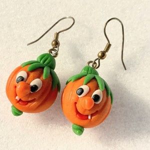 Vintage Plastic Halloween Pumpkin Orange Dangle Earrings Anthropomorphic